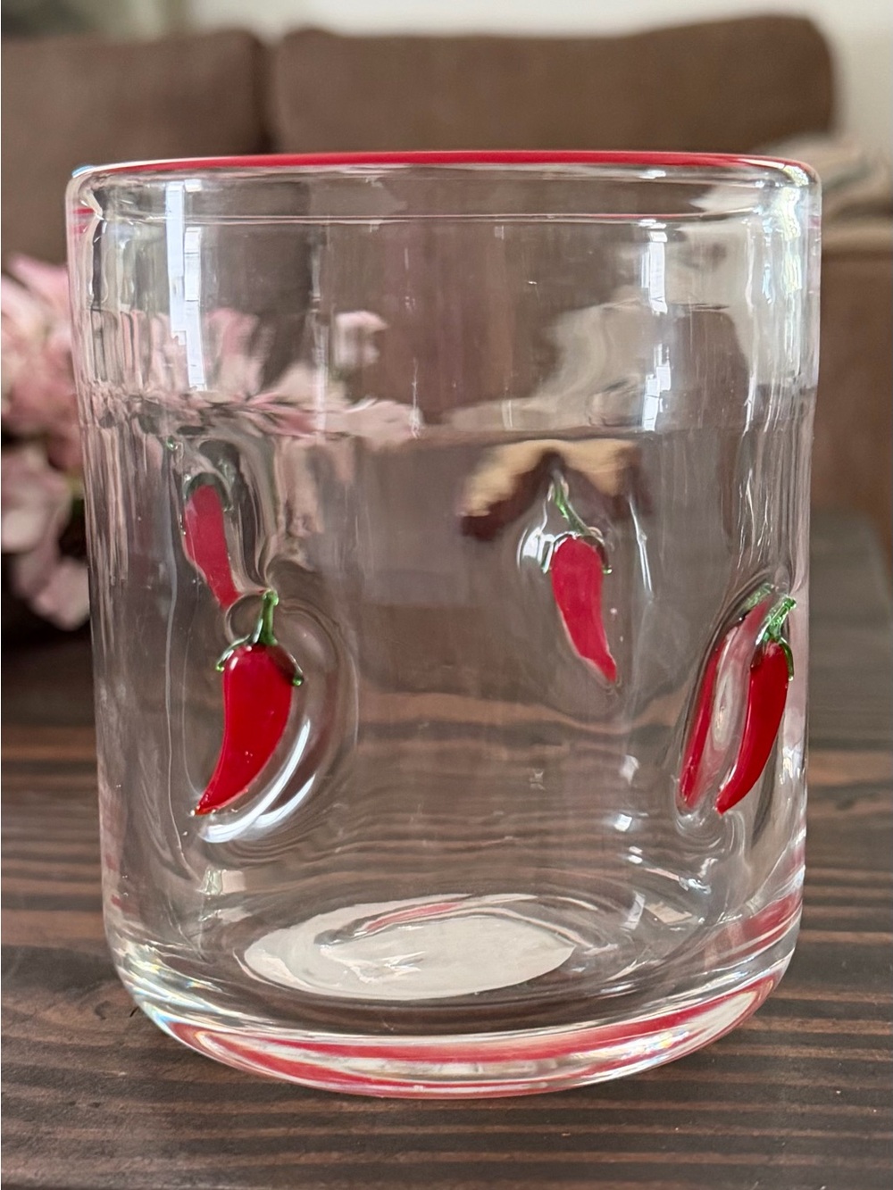 Clear Glass Tumbler with Red Chili Pepper Accents